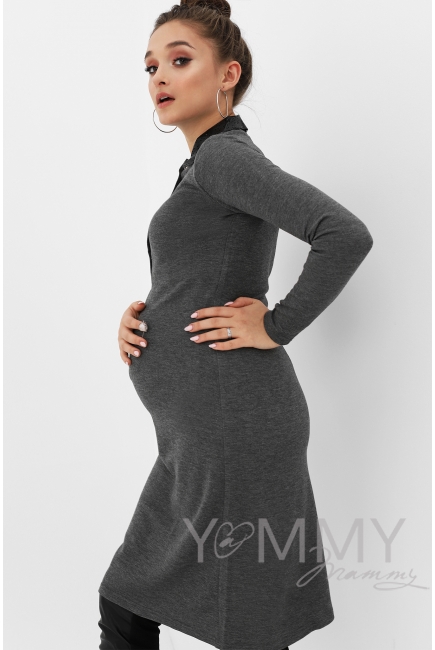 Платье с ажурным кожанным воротником темно-серый меланж для беременных