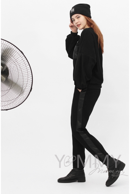 Брюки универсальные, с кожаными лампасами с начесом черные