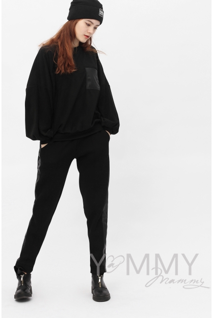 Брюки универсальные, с кожаными лампасами с начесом черные