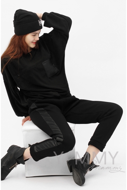 Брюки универсальные, с кожаными лампасами с начесом черные