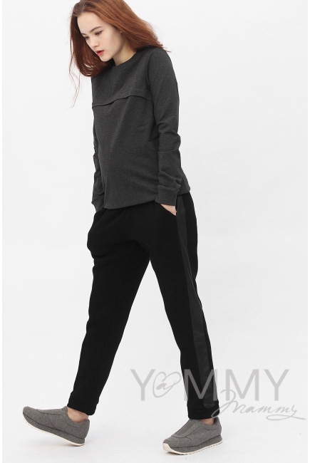 Брюки универсальные, с кожаными лампасами с начесом черные