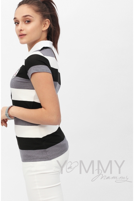 Футболка поло для кормящих и беременных, графитовая полоса