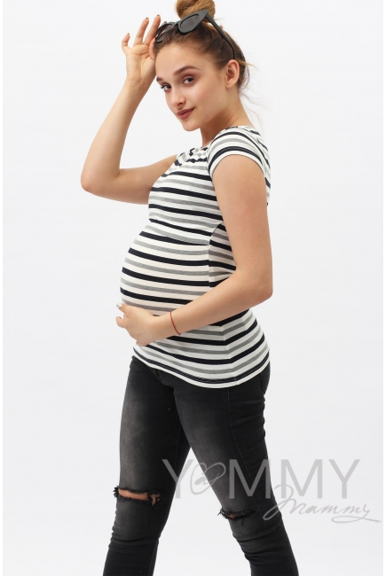 Футболка для кормящих и беременных, белая в серую полоску меланж