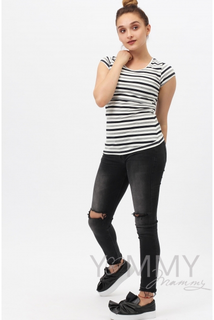 Футболка для кормящих и беременных, белая в серую полоску меланж