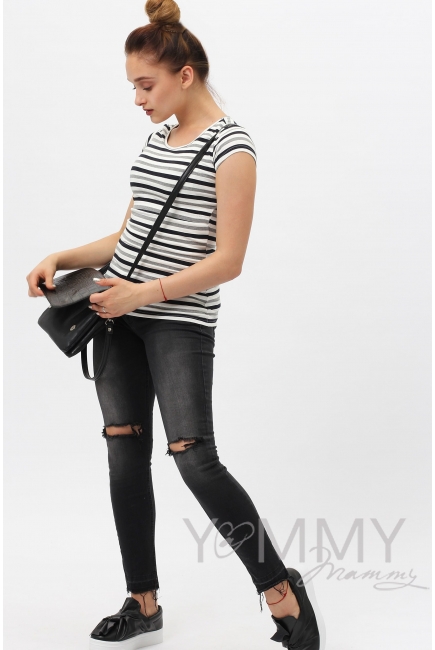 Футболка для кормящих и беременных, белая в серую полоску меланж