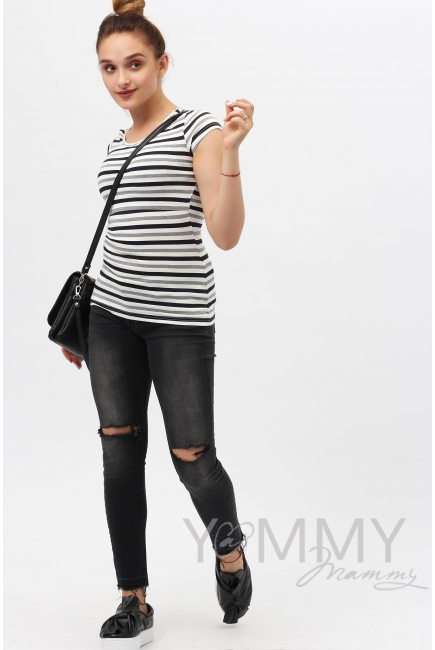 Футболка для кормящих и беременных, белая в серую полоску меланж