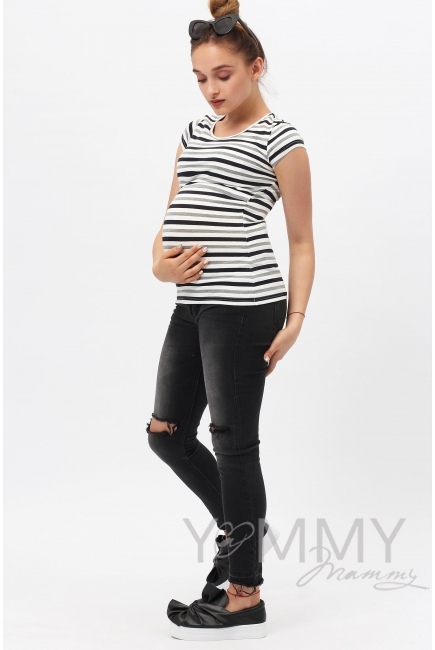 Футболка для кормящих и беременных, белая в серую полоску меланж