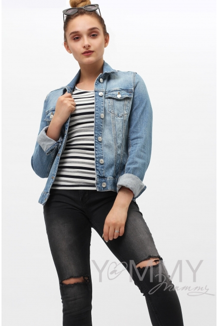 Футболка для кормящих и беременных, белая в серую полоску меланж