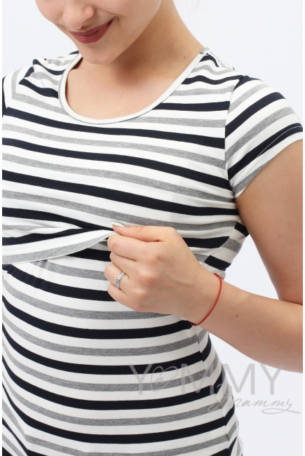 Футболка для кормящих и беременных, белая в серую полоску меланж