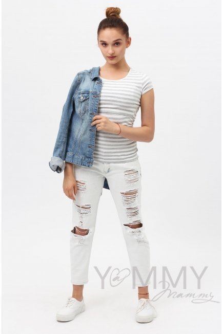 Футболка для беременных и кормящих, белая в серую полоску меланж