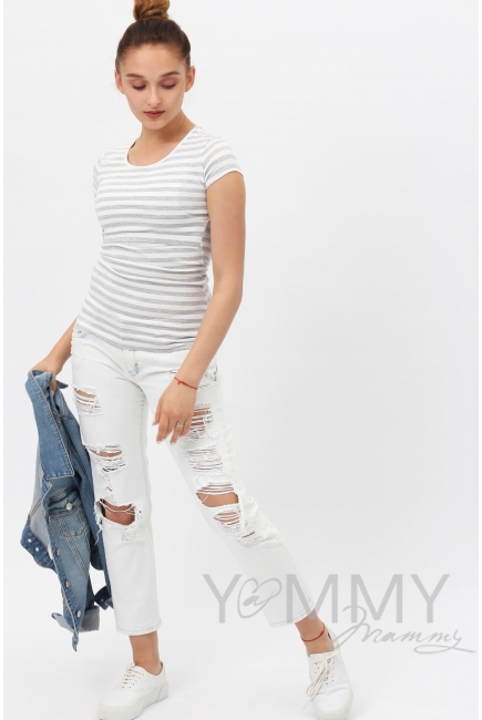 Футболка для беременных и кормящих, белая в серую полоску меланж