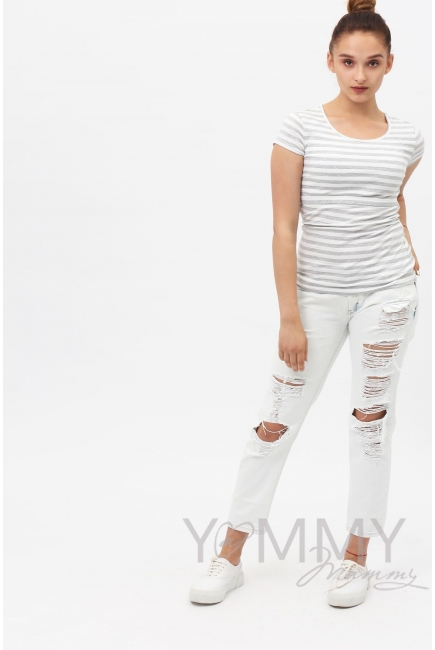 Футболка для беременных и кормящих, белая в серую полоску меланж