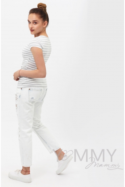 Футболка для беременных и кормящих, белая в серую полоску меланж