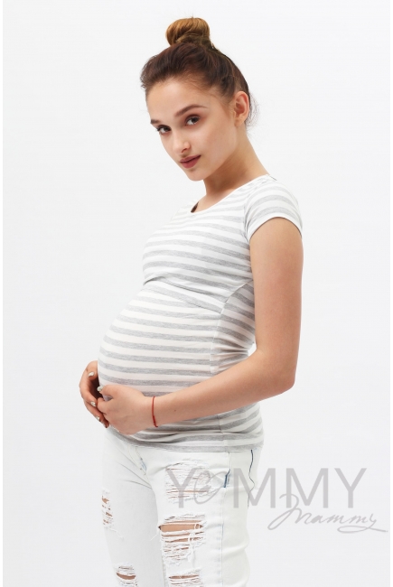 Футболка для беременных и кормящих, белая в серую полоску меланж