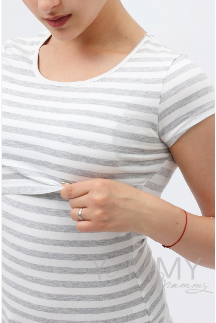 Футболка для беременных и кормящих, белая в серую полоску меланж