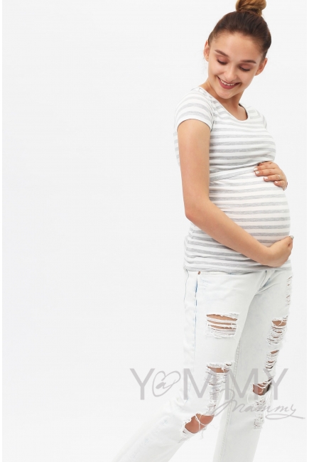 Футболка для беременных и кормящих, белая в серую полоску меланж