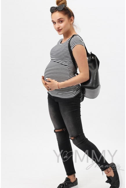 Футболка для беременных и кормящих, белая в синюю полоску