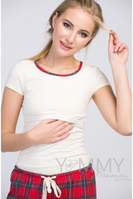 Футболка с отделкой в красную клетку для кормящих и беременных, экрю