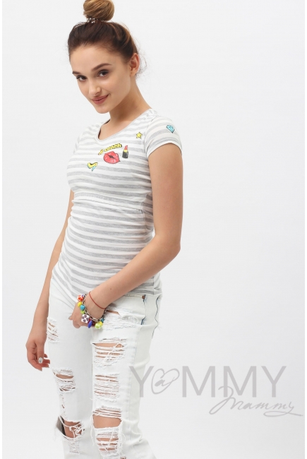 Футболка с принтом для кормящих и беременных, в серую полоску меланж