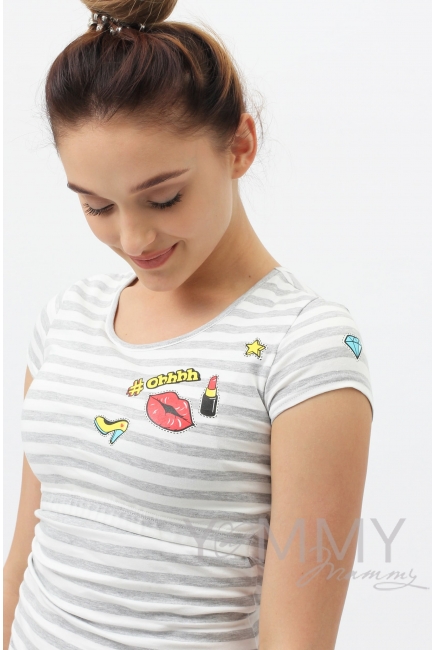 Футболка с принтом для кормящих и беременных, в серую полоску меланж