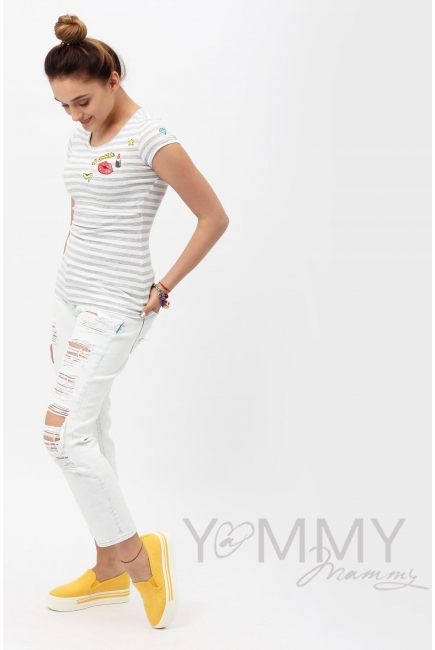 Футболка с принтом для кормящих и беременных, в серую полоску меланж