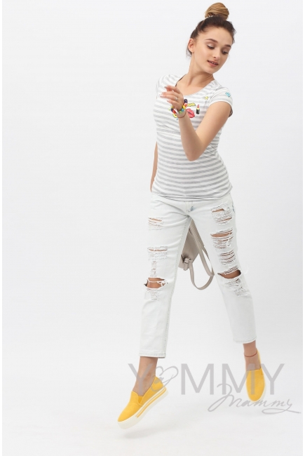 Футболка с принтом для кормящих и беременных, в серую полоску меланж