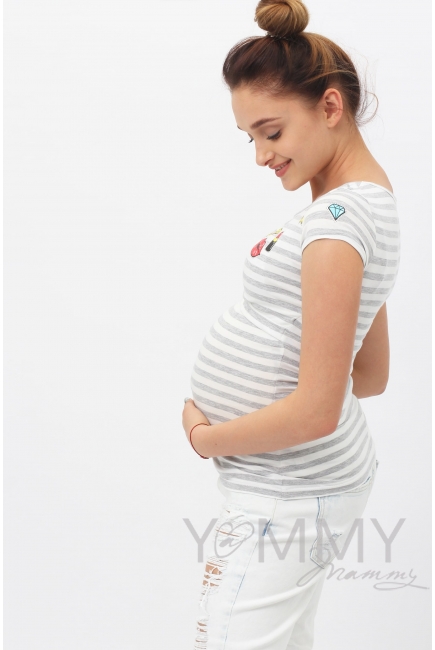 Футболка с принтом для кормящих и беременных, в серую полоску меланж