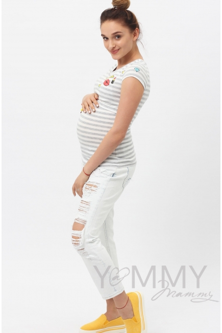 Футболка с принтом для кормящих и беременных, в серую полоску меланж
