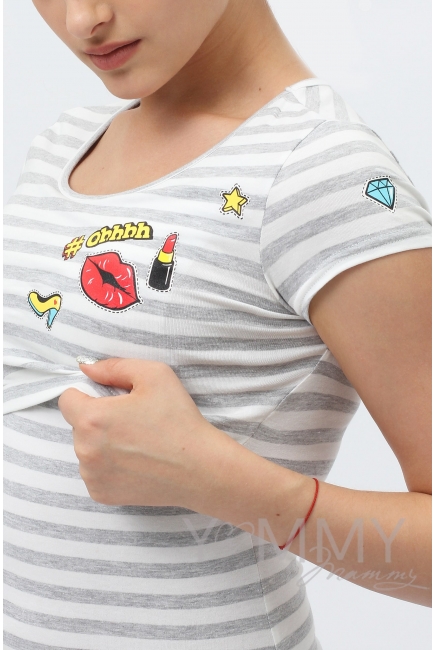 Футболка с принтом для кормящих и беременных, в серую полоску меланж
