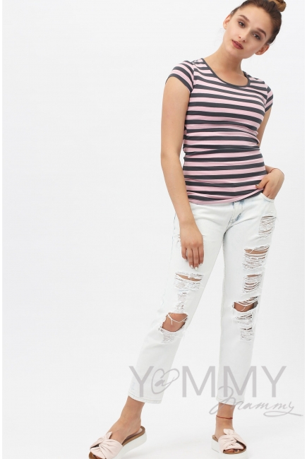 Футболка для беременных и кормящих, розовая в серую полоску