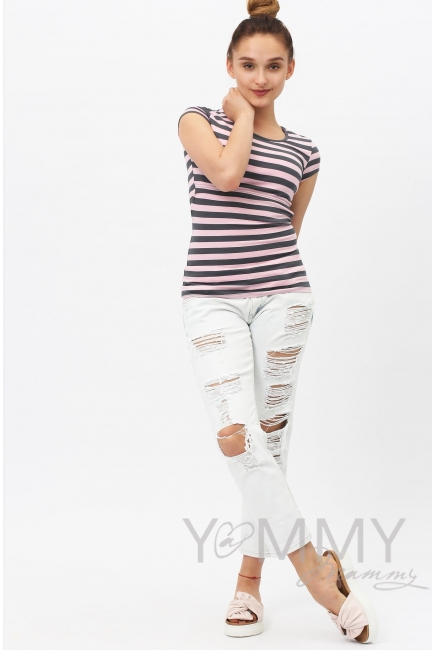 Футболка для беременных и кормящих, розовая в серую полоску