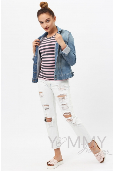 Футболка для беременных и кормящих, розовая в серую полоску