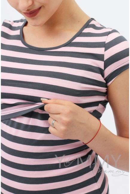 Футболка для беременных и кормящих, розовая в серую полоску