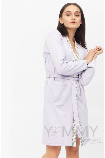 Халат лаванда с отделкой цветочный принт