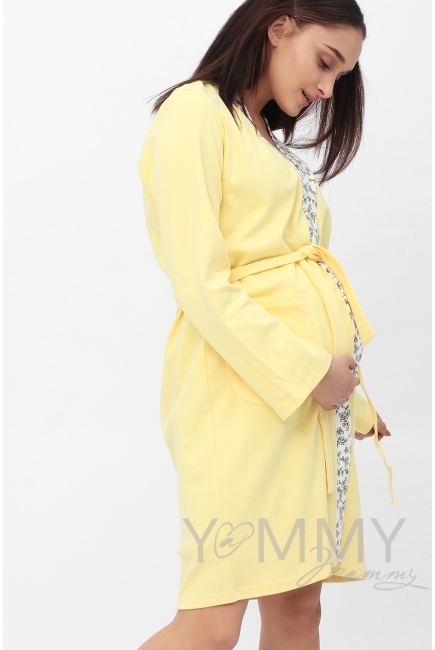 Халат желтый с отделкой цветочный принт