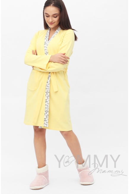 Халат желтый с отделкой цветочный принт