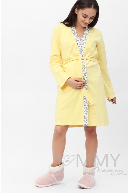 Халат желтый с отделкой цветочный принт
