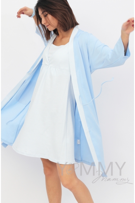Комплект халат с сорочкой голубой с белой полоской