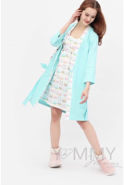 Комплект халат с сорочкой ментол с принтом зайчики/котики