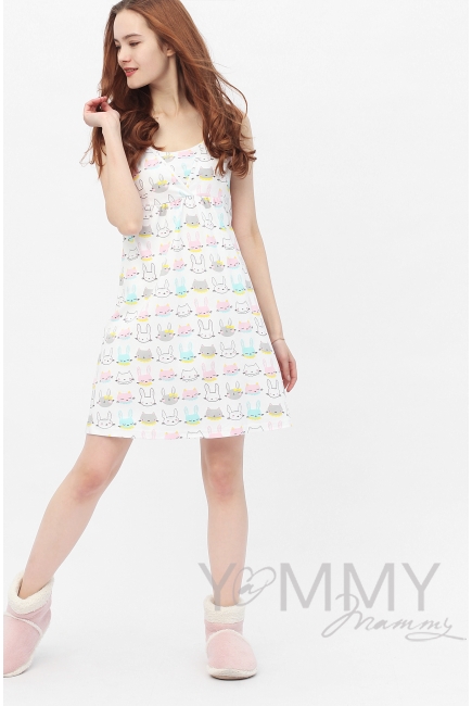 Комплект халат с сорочкой ментол с принтом зайчики/котики