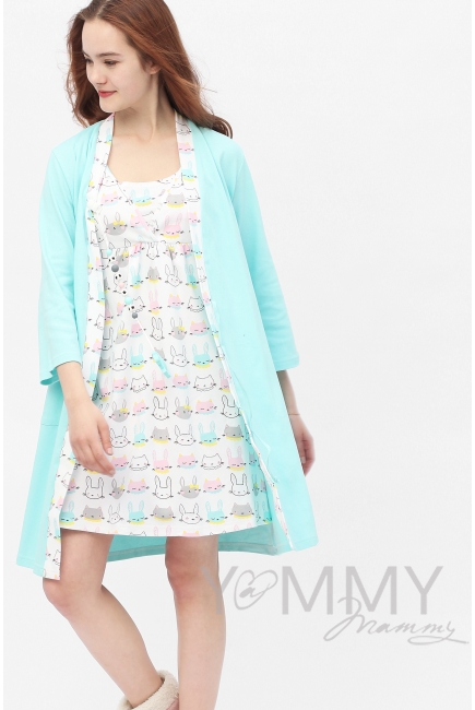 Комплект халат с сорочкой ментол с принтом зайчики/котики