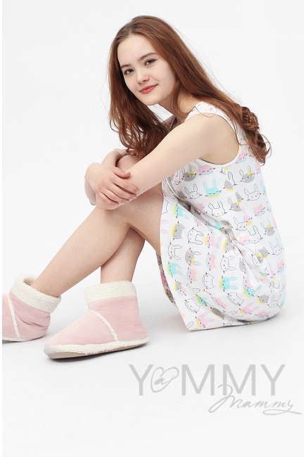 Комплект халат с сорочкой ментол с принтом зайчики/котики