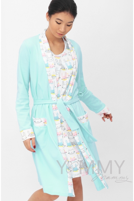 Комплект халат с сорочкой ментол с принтом котики/зайчики