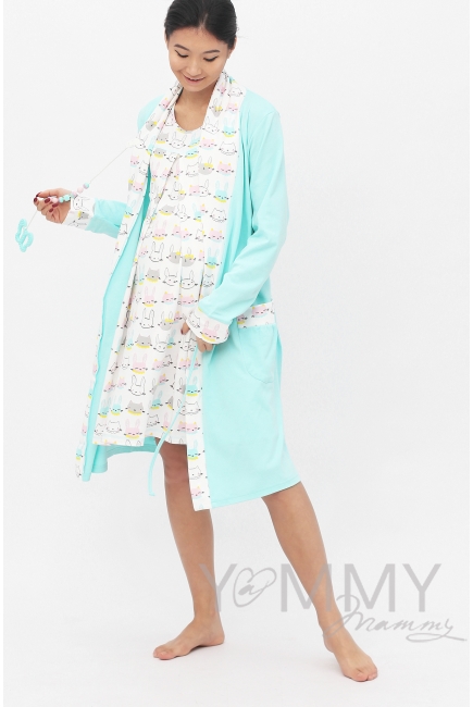 Комплект халат с сорочкой ментол с принтом котики/зайчики
