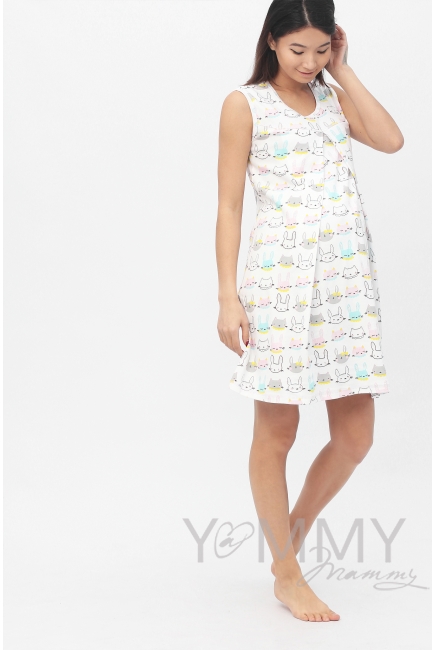 Комплект халат с сорочкой ментол с принтом котики/зайчики