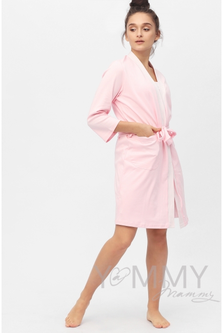 Комплект халат с сорочкой розовый с белой полоской