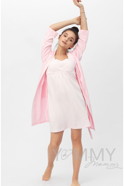 Комплект халат с сорочкой розовый с белой полоской