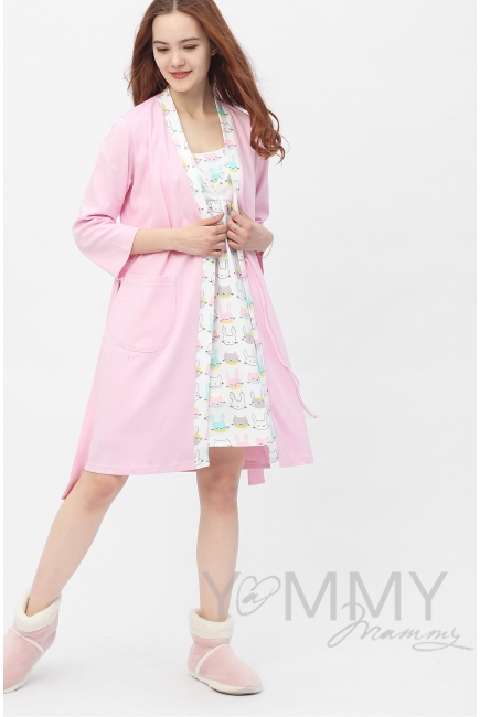 Комплект халат с сорочкой розовый с принтом зайчики/котики