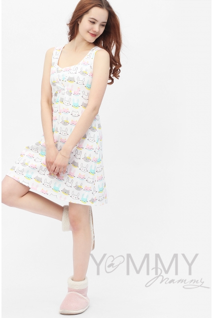 Комплект халат с сорочкой розовый с принтом зайчики/котики