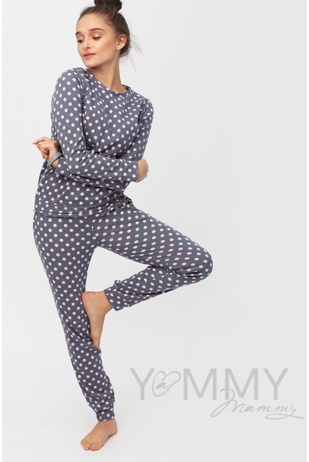 Комплект для дома серый с принтом розовый горох